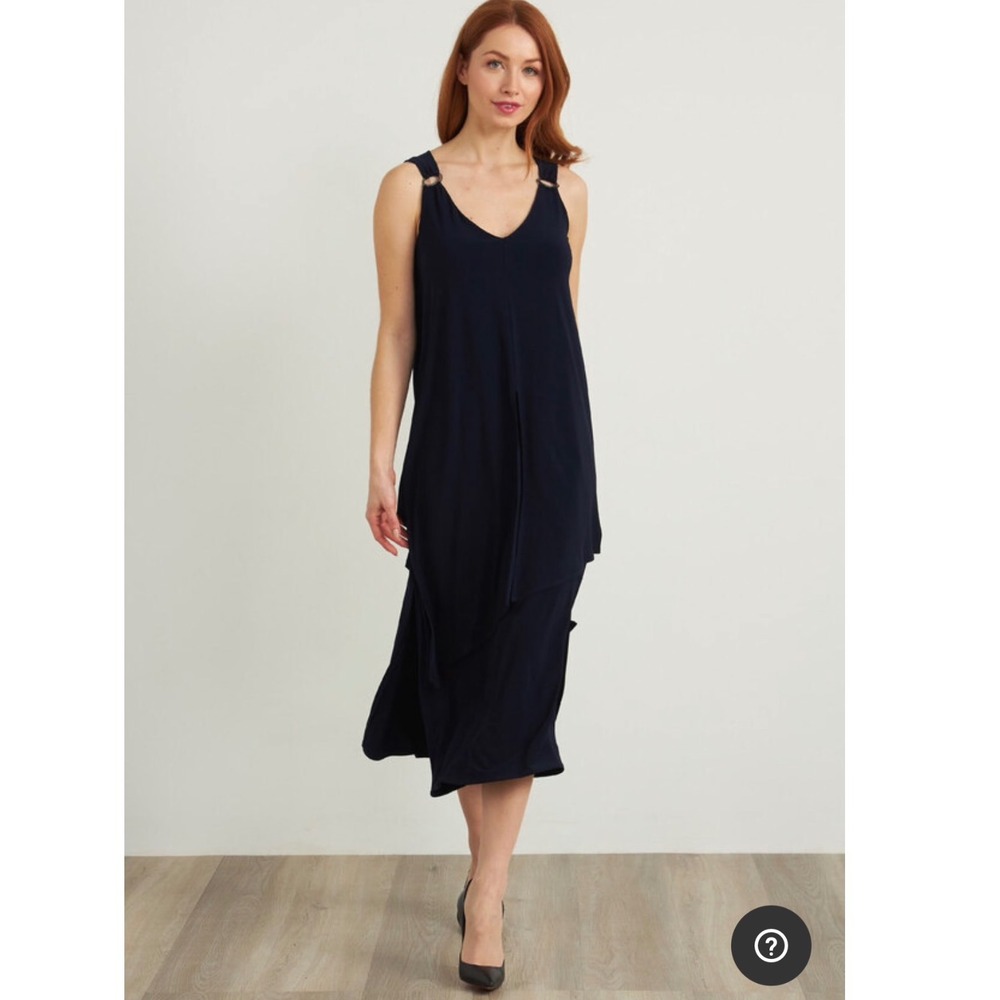 Joseph Ribkoff Black Asymetrical Layered Midi Dress Ring Accent Womens 8